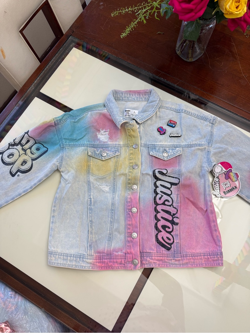 Justice Girls' Pastel Tie-Dye Denim Jacket in Pink Blue Yellow